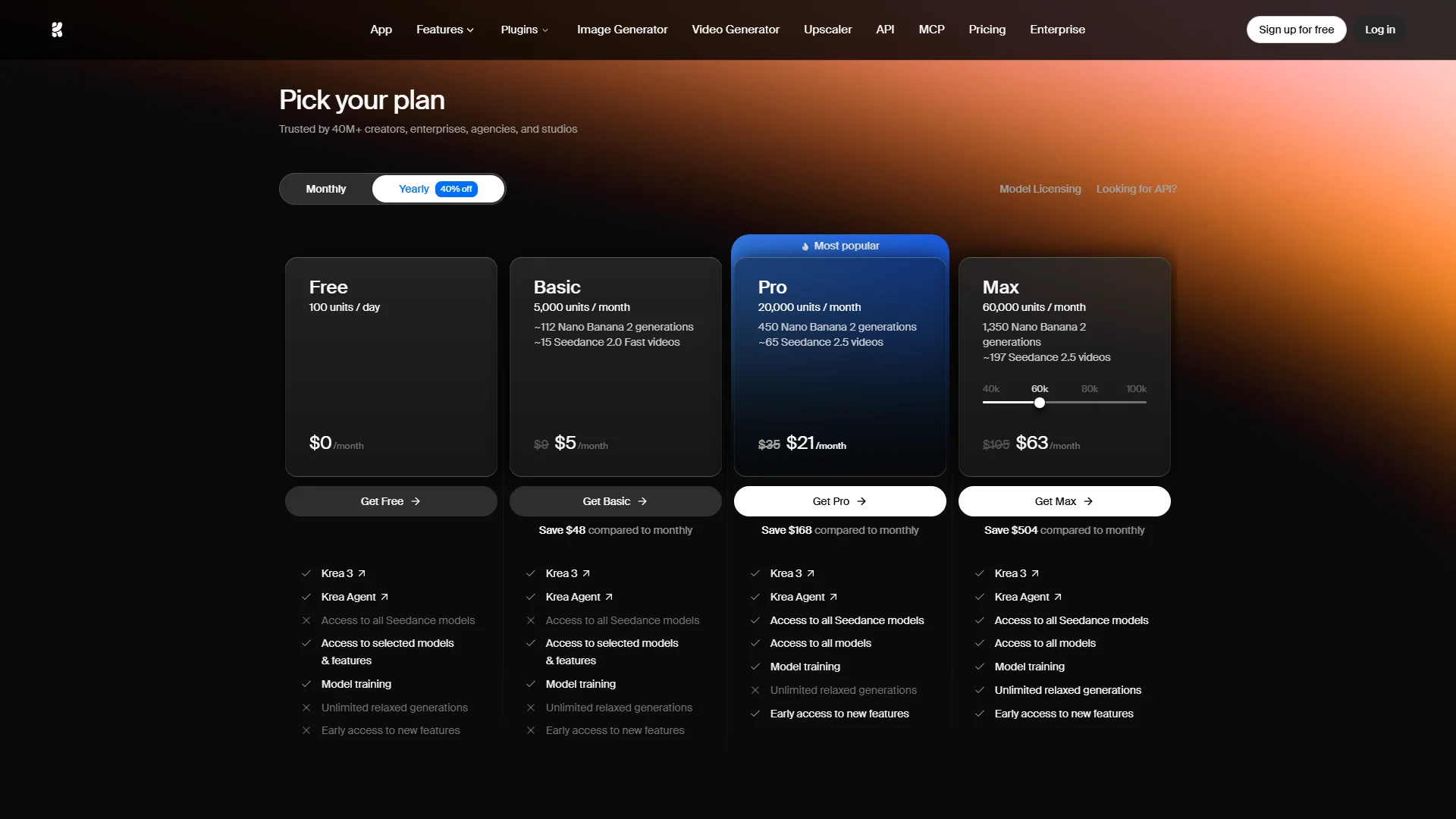 Krea pricing page design