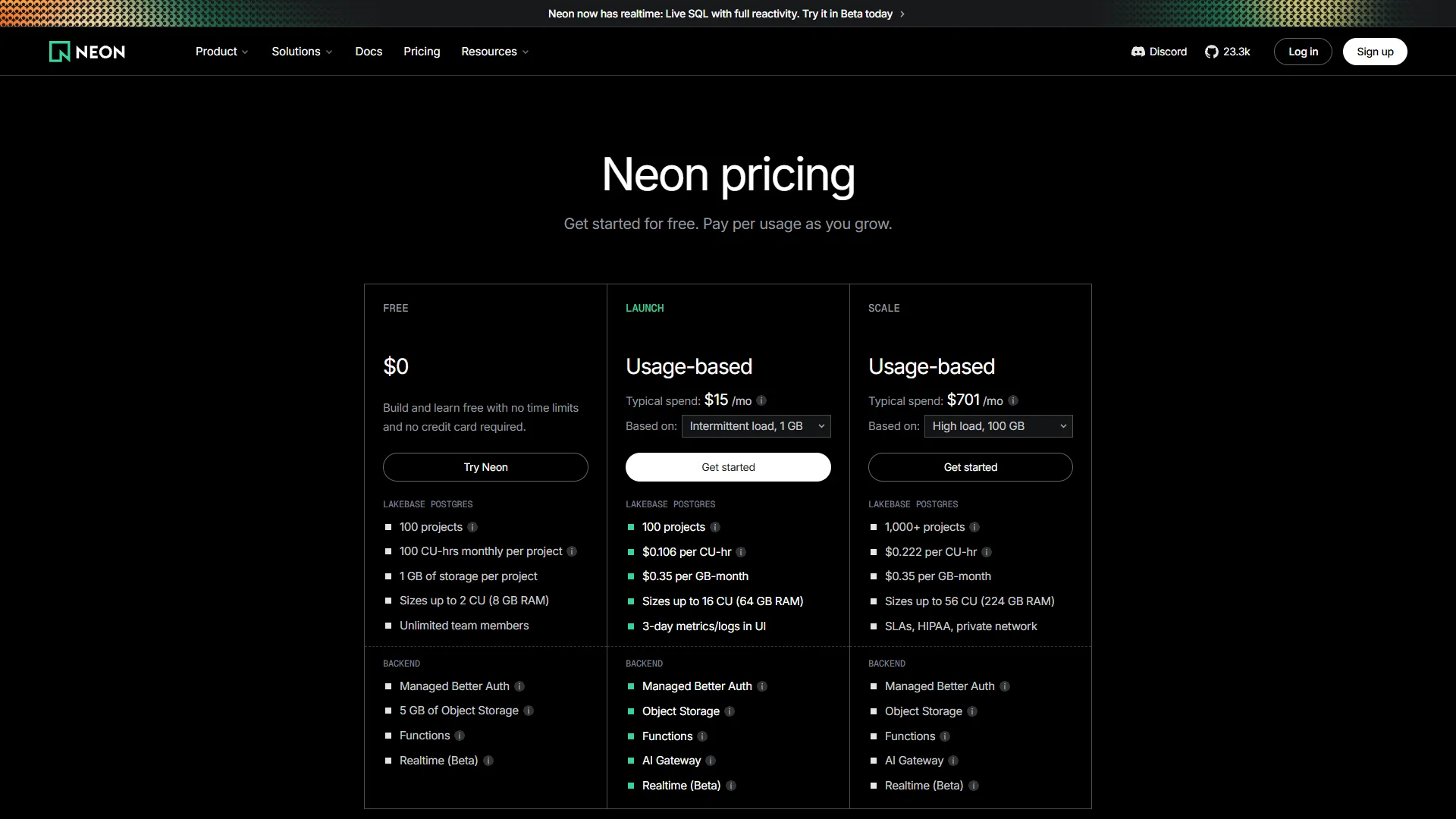 Neon — Pricing Pages inspiration