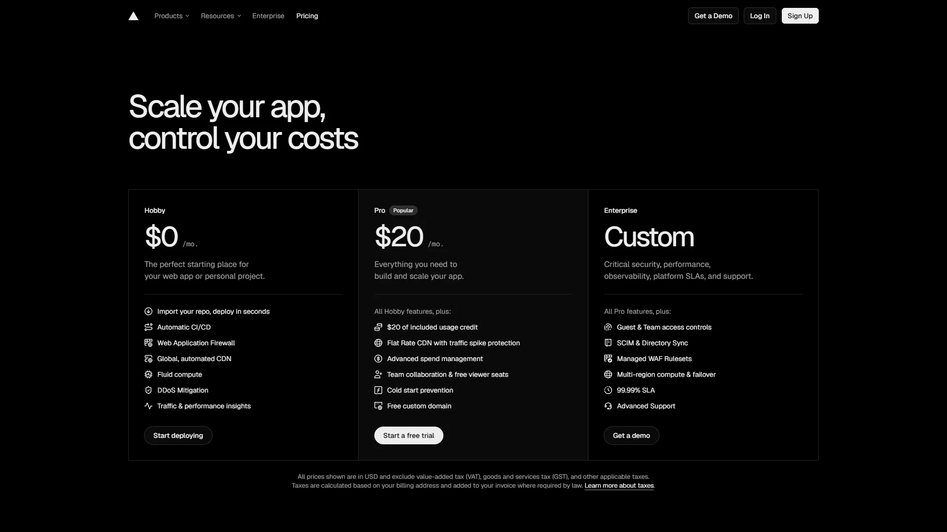 Vercel pricing page design